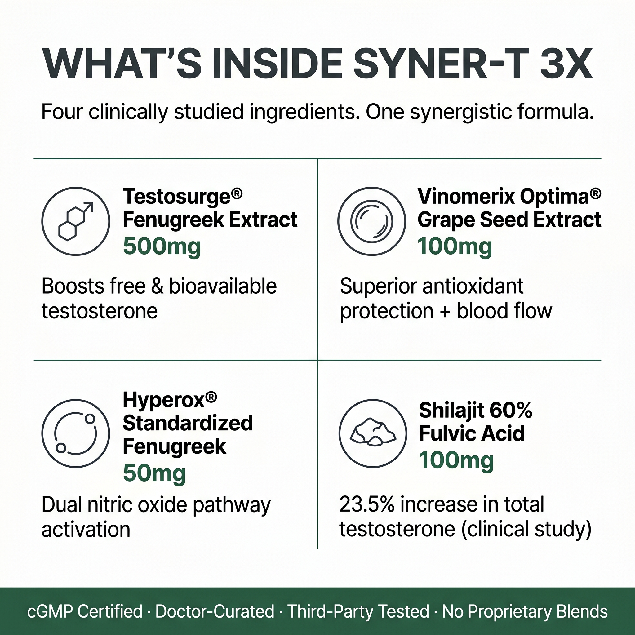 What’s Inside Syner-T 3X — ingredient spotlight showing Testosurge 500mg, Vinomerix Optima 100mg, Hyperox 50mg, and Shilajit 60% Fulvic Acid 100mg