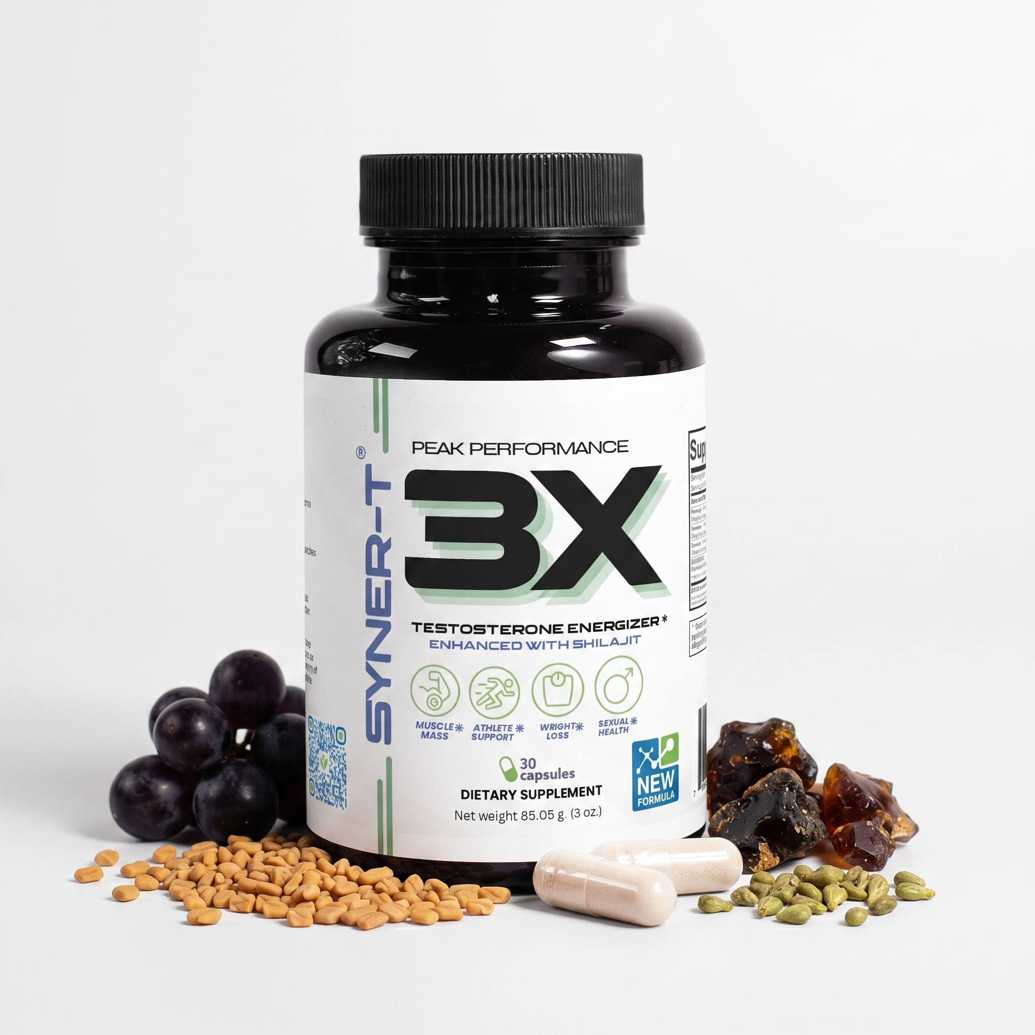 Syner-T 3X bottle surrounded by natural raw ingredients — fenugreek seeds, grapes, shilajit resin